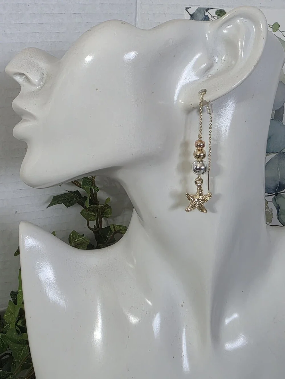 Gold Filled Tricolor Bead Starfish Drop Threader Earrings Mermaid Coastal